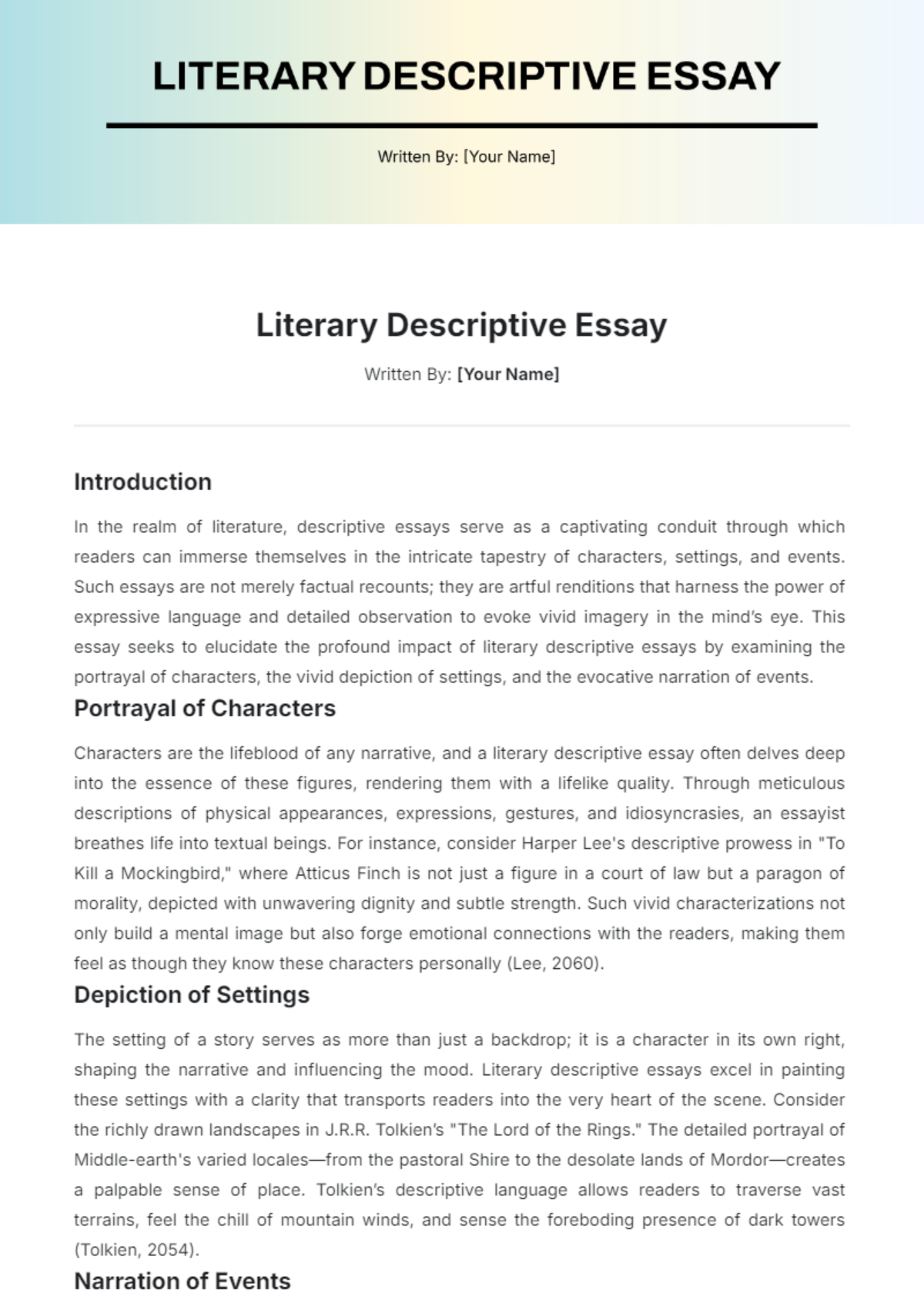 Literary Descriptive Essay Template - Edit Online & Download