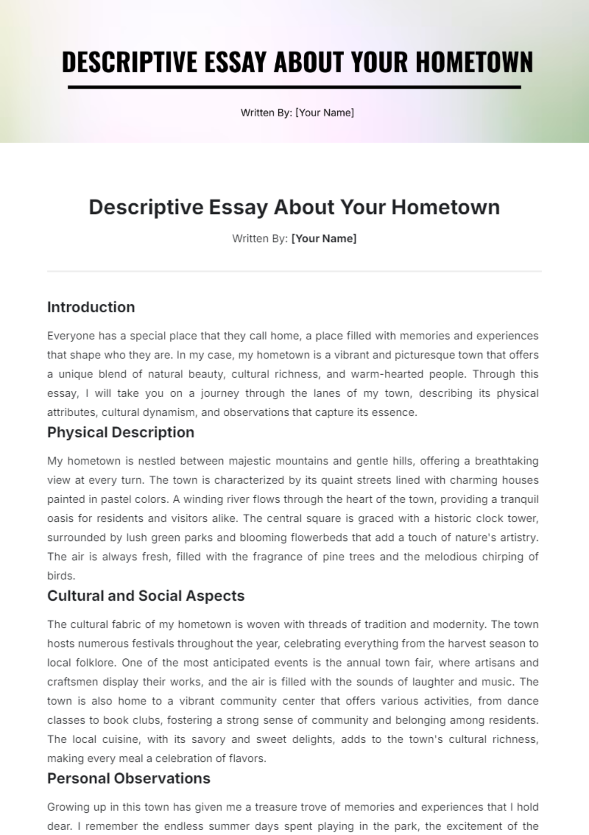 Descriptive Essay About Your Hometown Template - Edit Online & Download