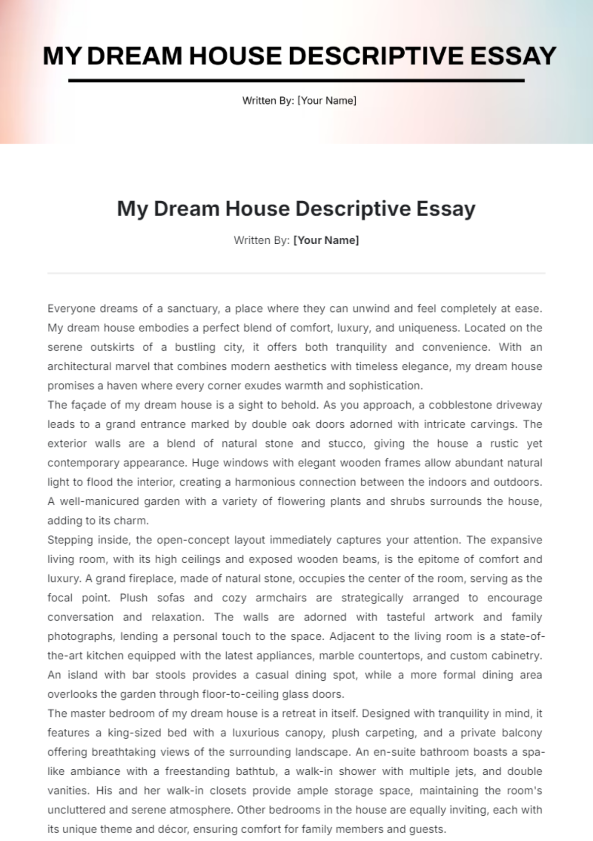 Free My Dream House Descriptive Essay Template to Edit Online