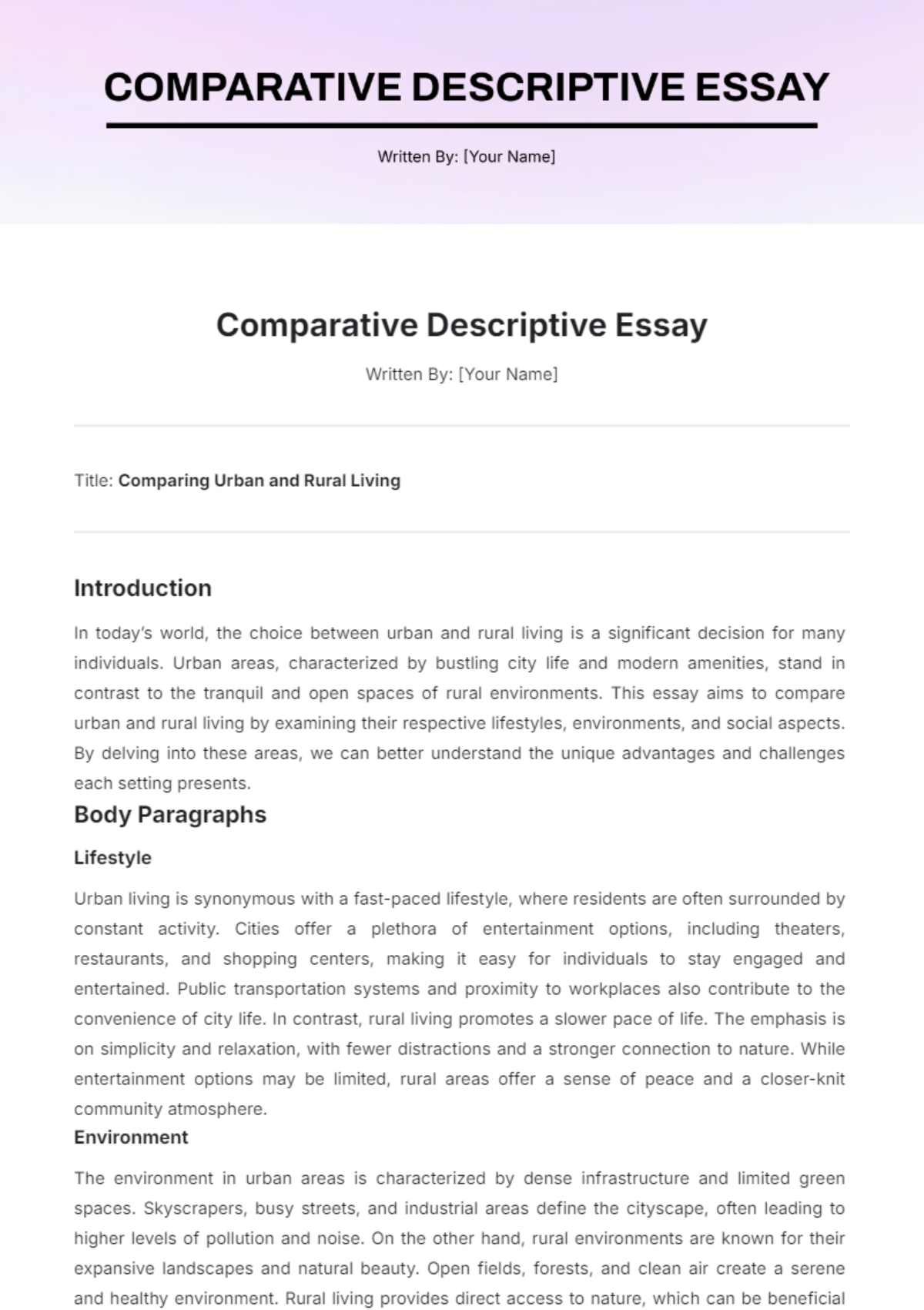 Comparative Descriptive Essay Template - Edit Online & Download