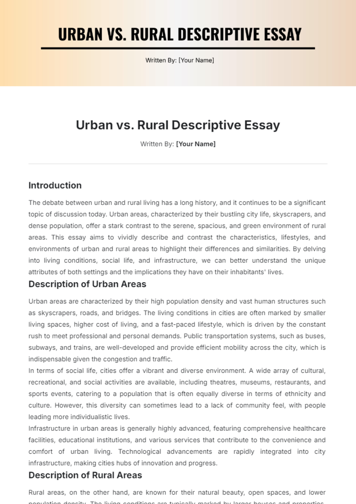 Urban vs. Rural Descriptive Essay Template - Edit Online & Download