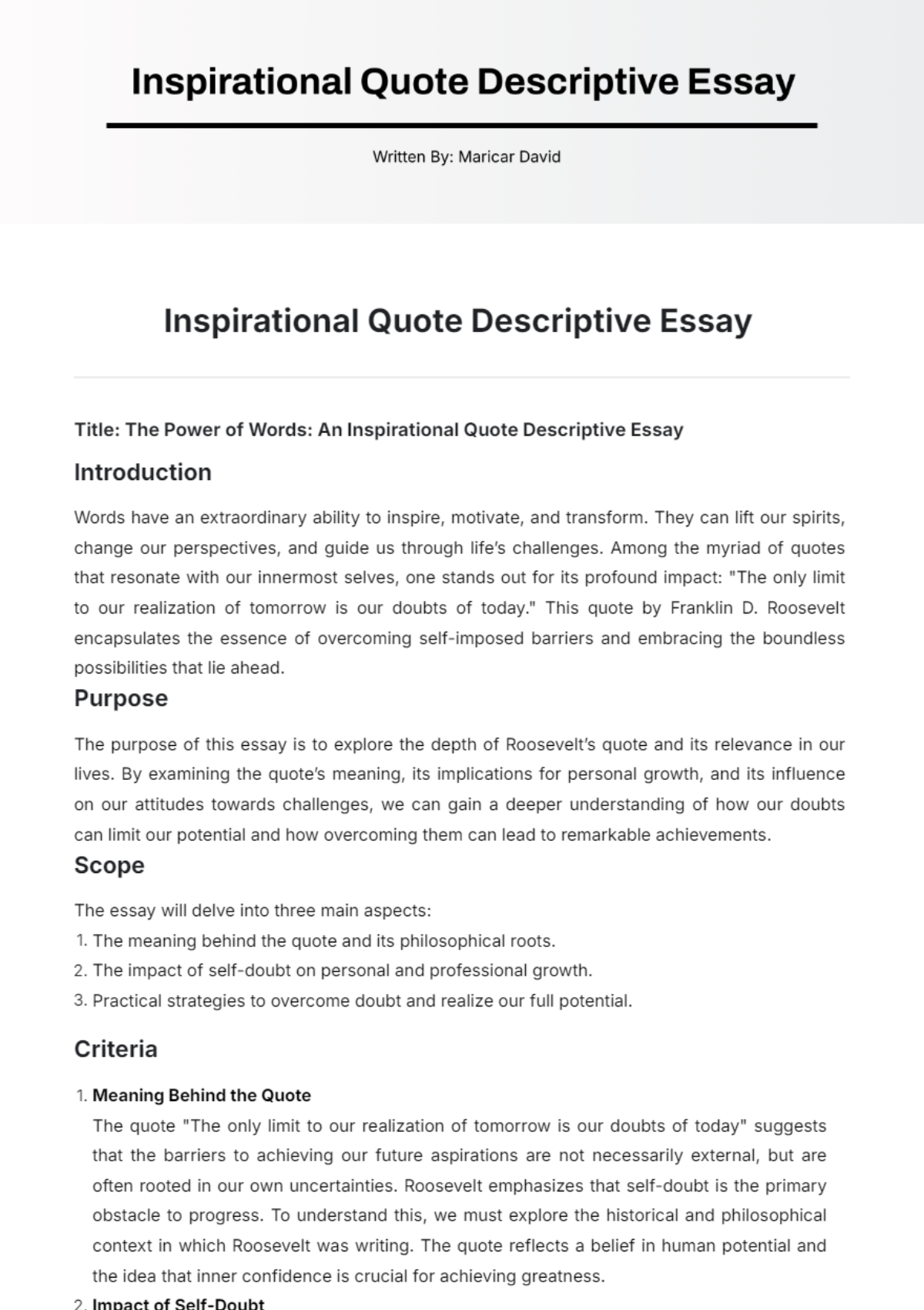 Inspirational Quote Descriptive Essay Template - Edit Online & Download