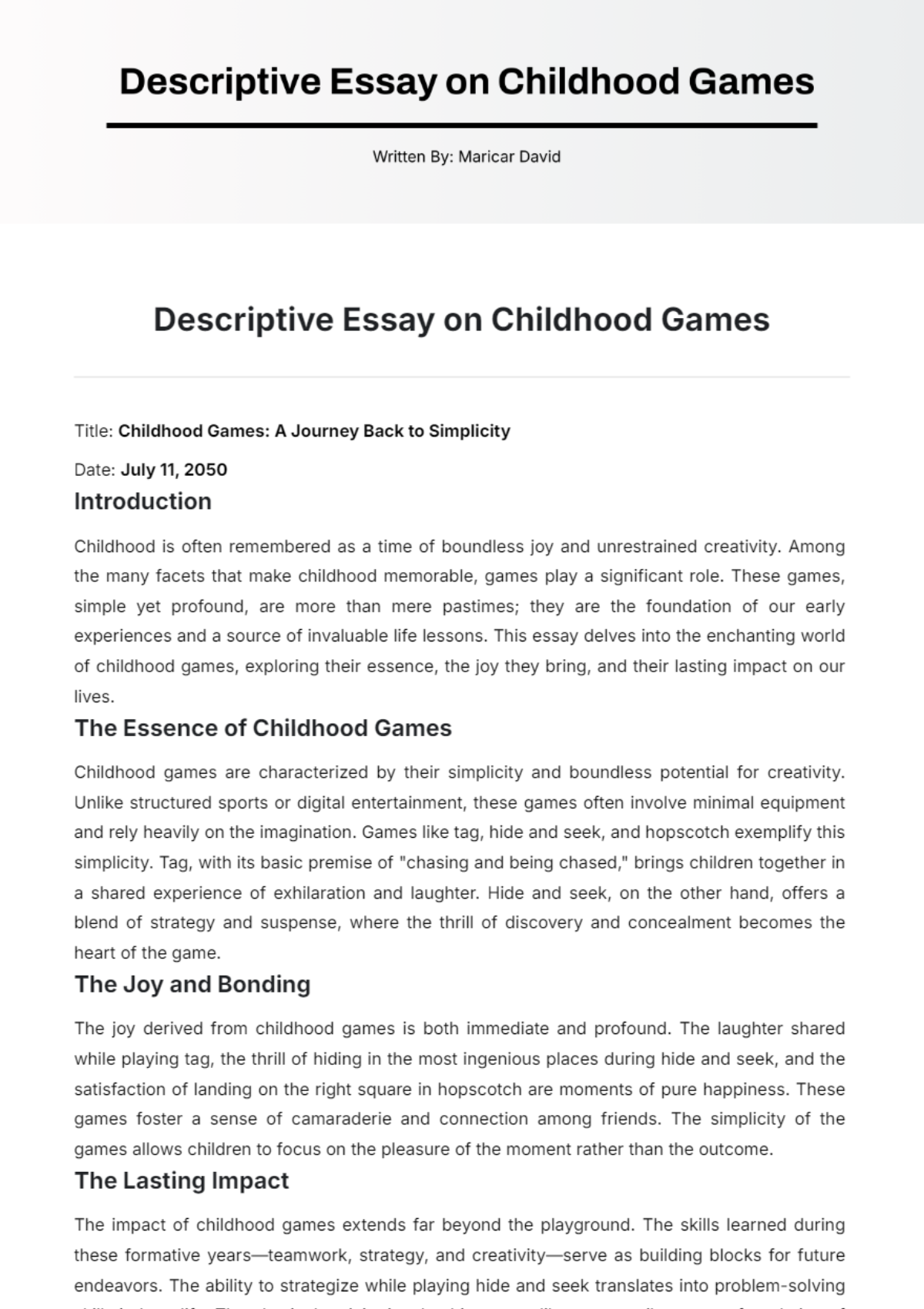 Descriptive Essay on Childhood Games Template - Edit Online & Download