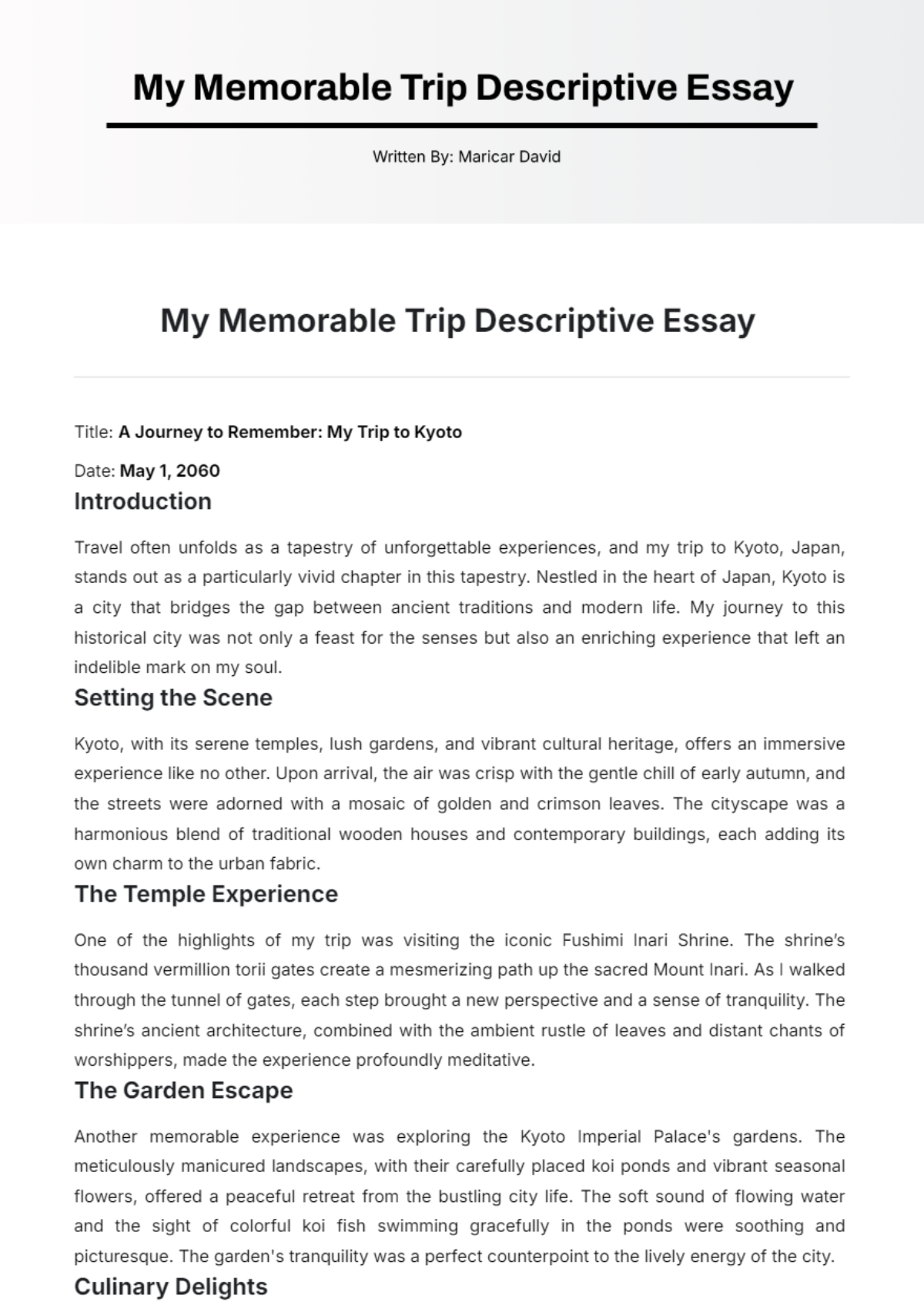 MY Memorable Trip Descriptive Essay Template - Edit Online & Download