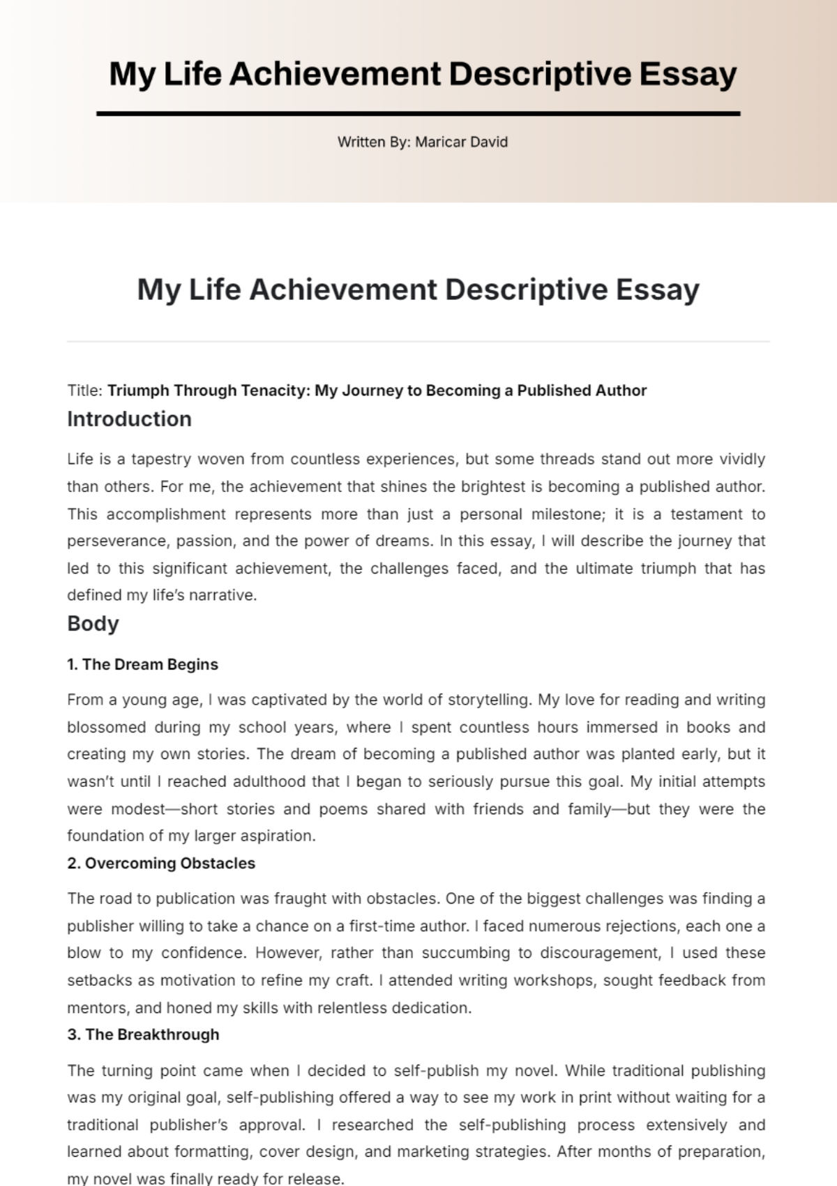 My Life Achievement Descriptive Essay Template - Edit Online & Download