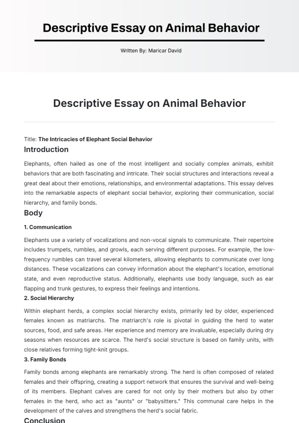 Descriptive Essay on Animal Behavior Template - Edit Online & Download