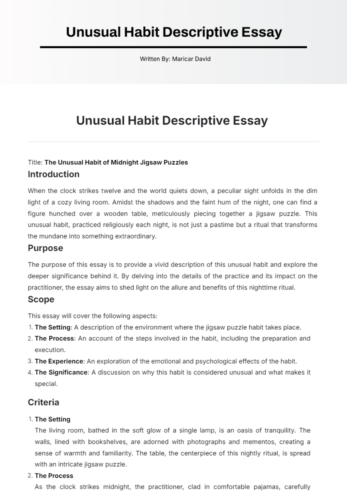 Unusual Habit Descriptive Essay Template - Edit Online & Download