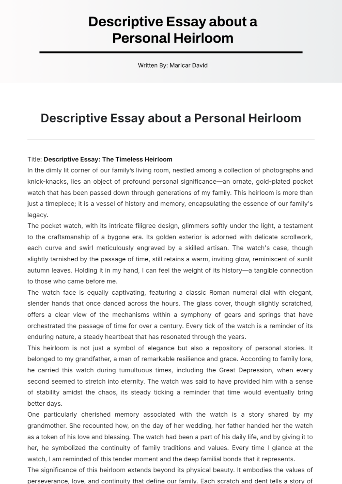 Descriptive Essay about a Personal Heirloom Template - Edit Online & Download