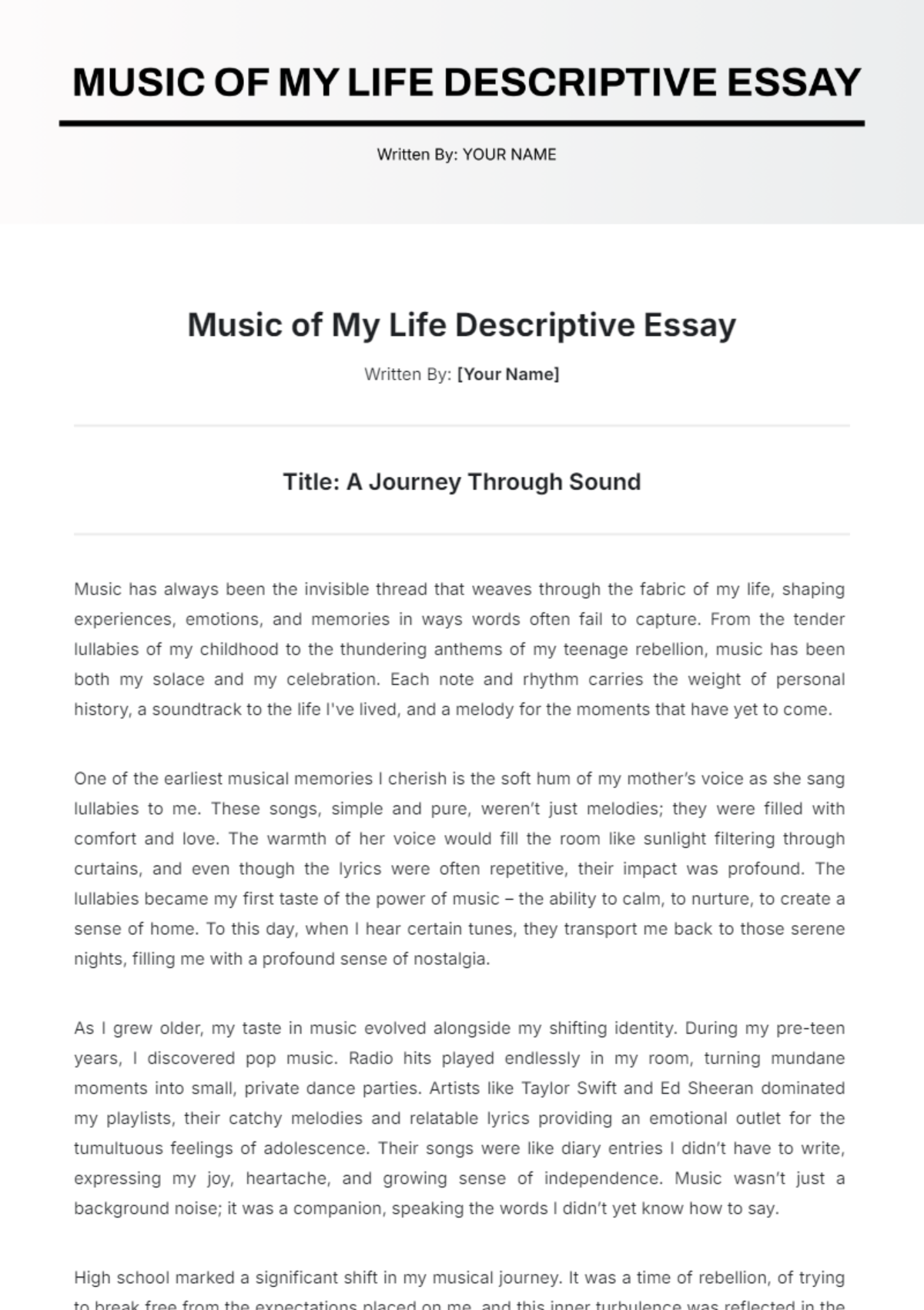 Music of My Life Descriptive Essay Template - Edit Online & Download