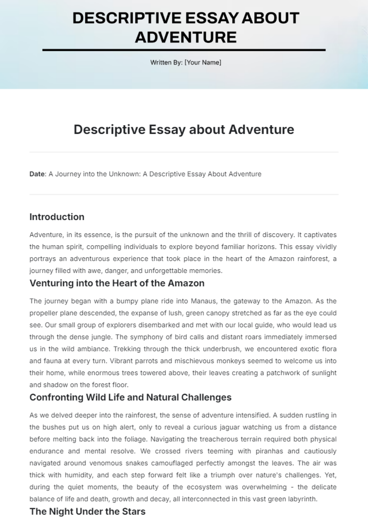 Descriptive Essay about  Adventure Template - Edit Online & Download