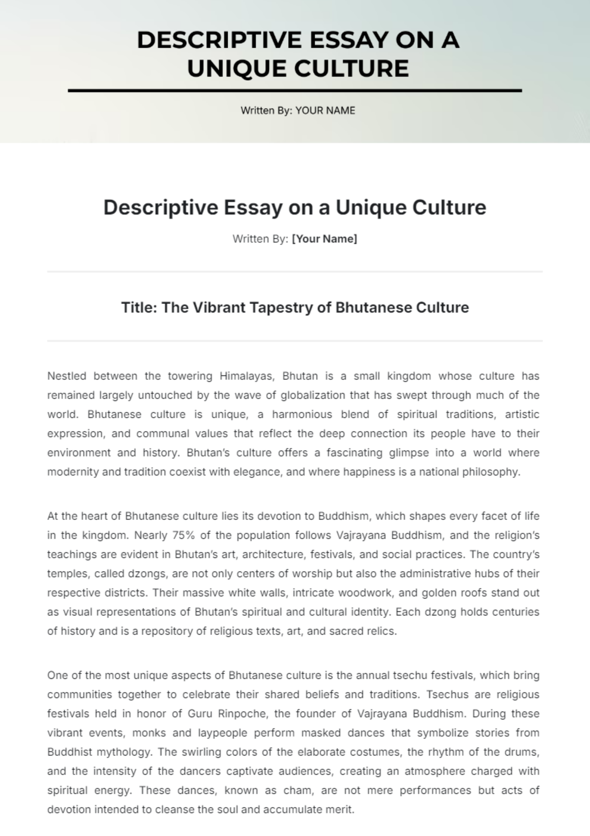 Descriptive Essay on a Unique Culture Template - Edit Online & Download