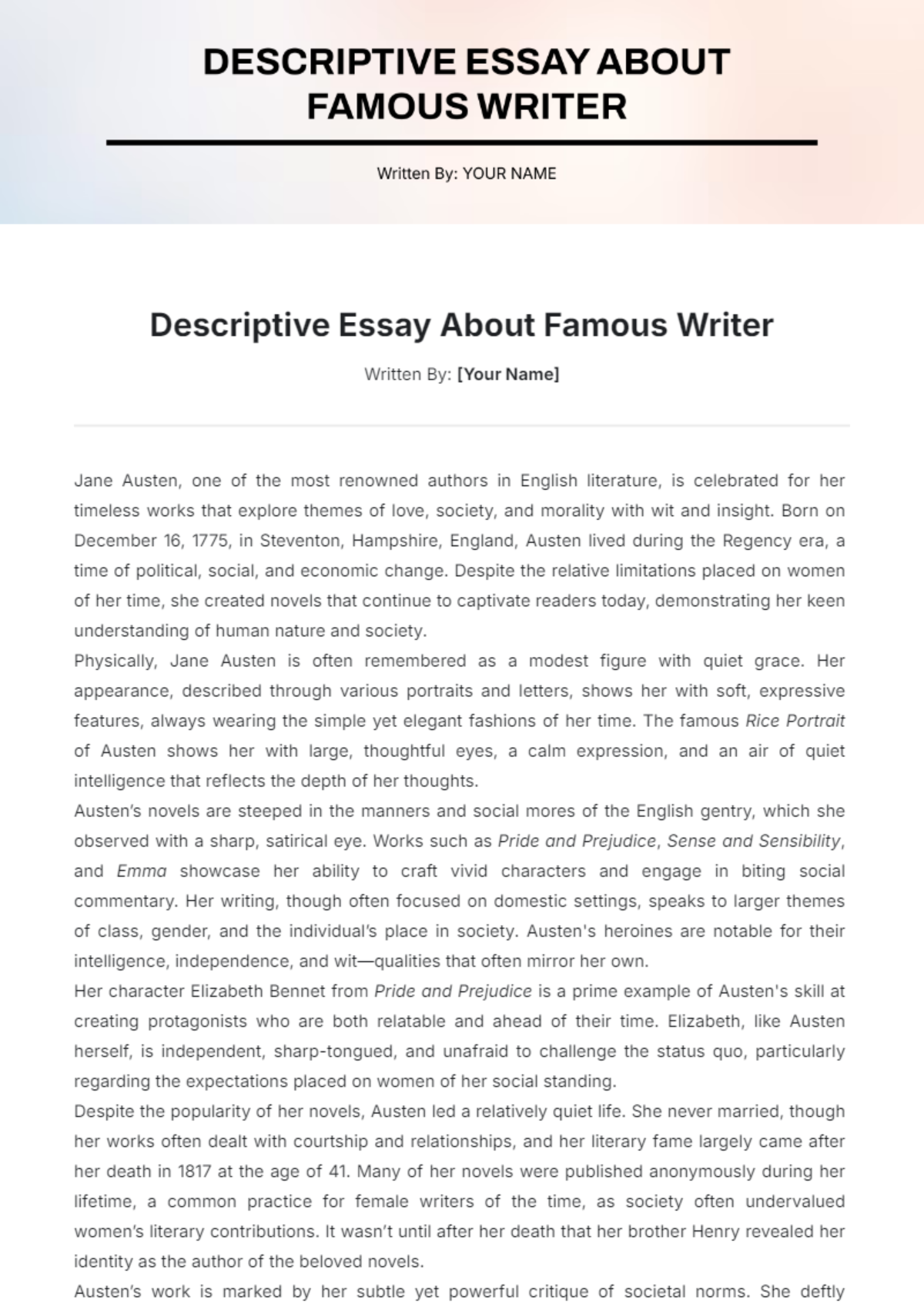 Descriptive Essay about Famous Writer Template - Edit Online & Download