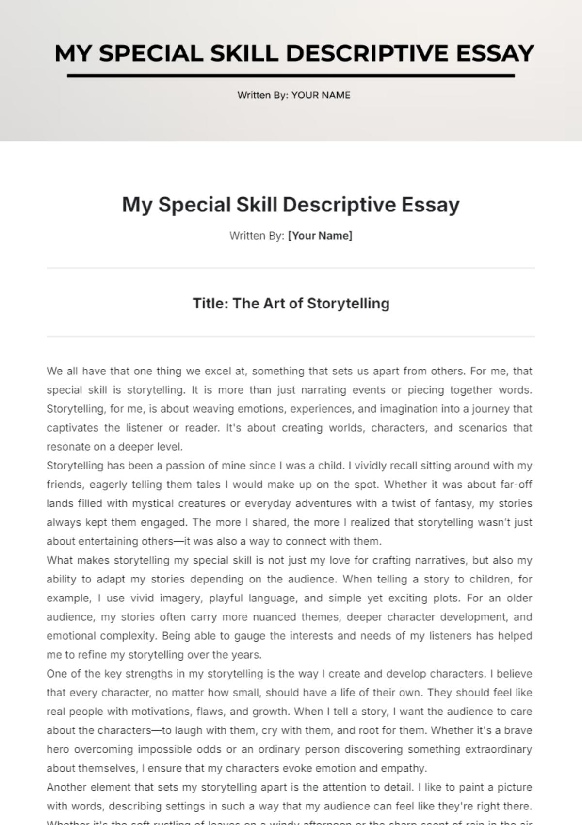 My Special Skill Descriptive Essay Template - Edit Online & Download