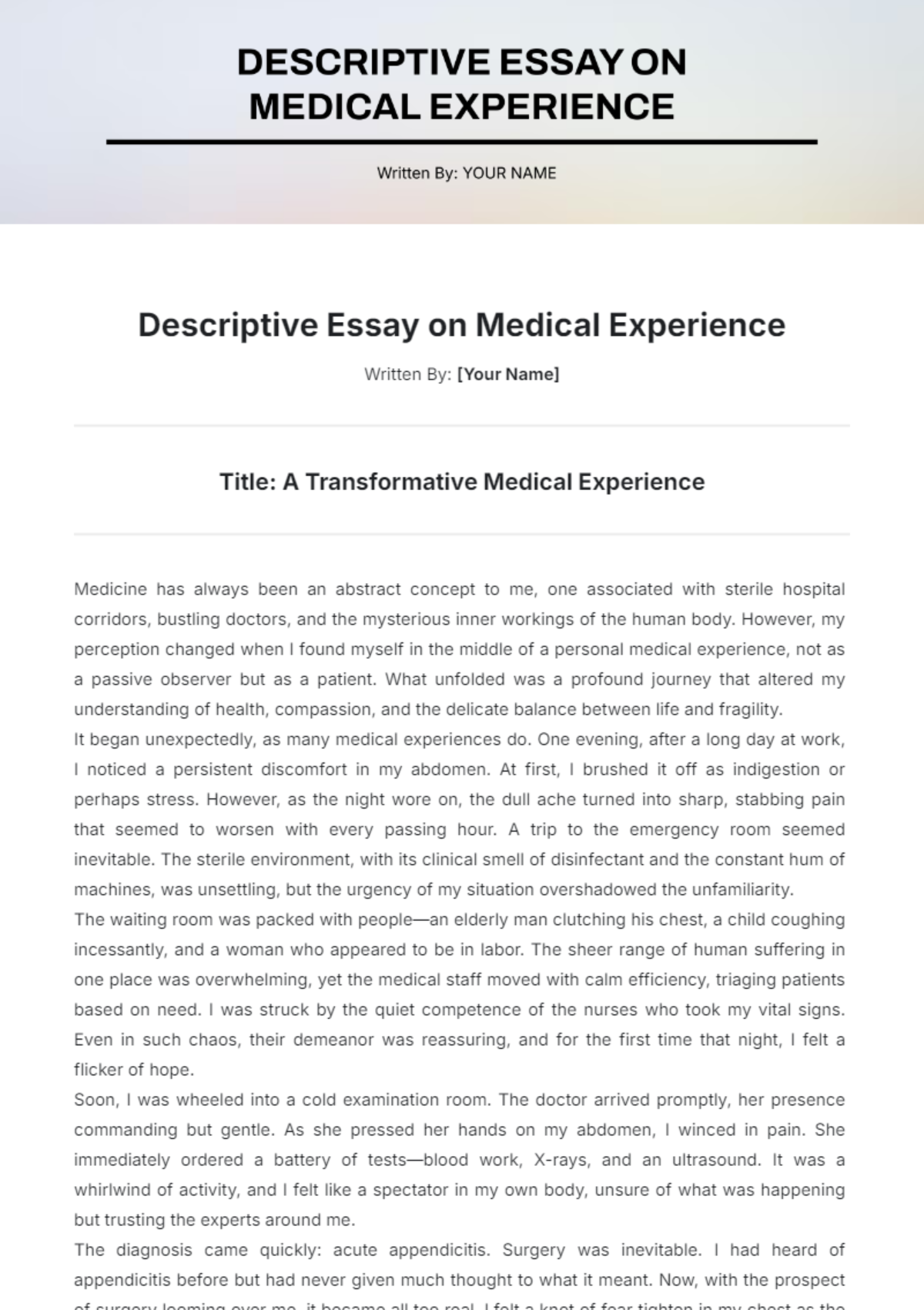 Descriptive Essay on Medical Experience Template - Edit Online & Download