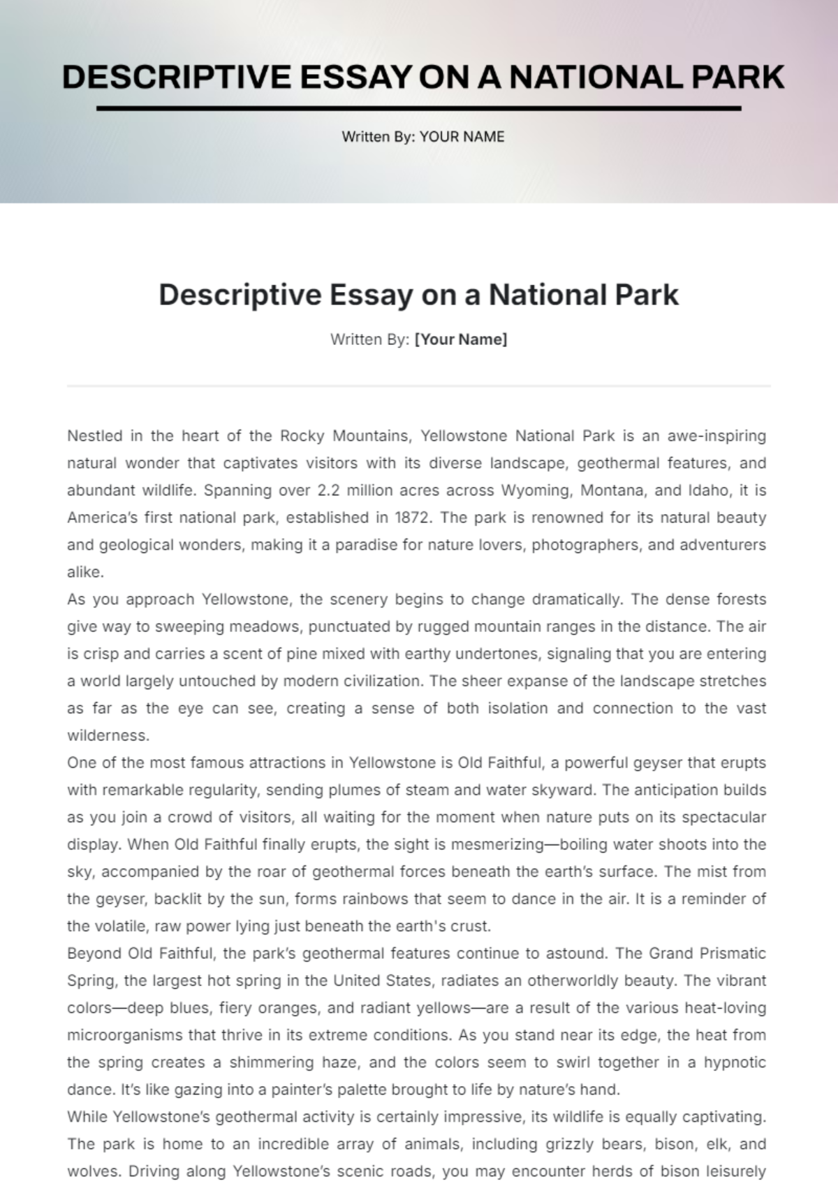 Descriptive Essay on a National Park Template - Edit Online & Download