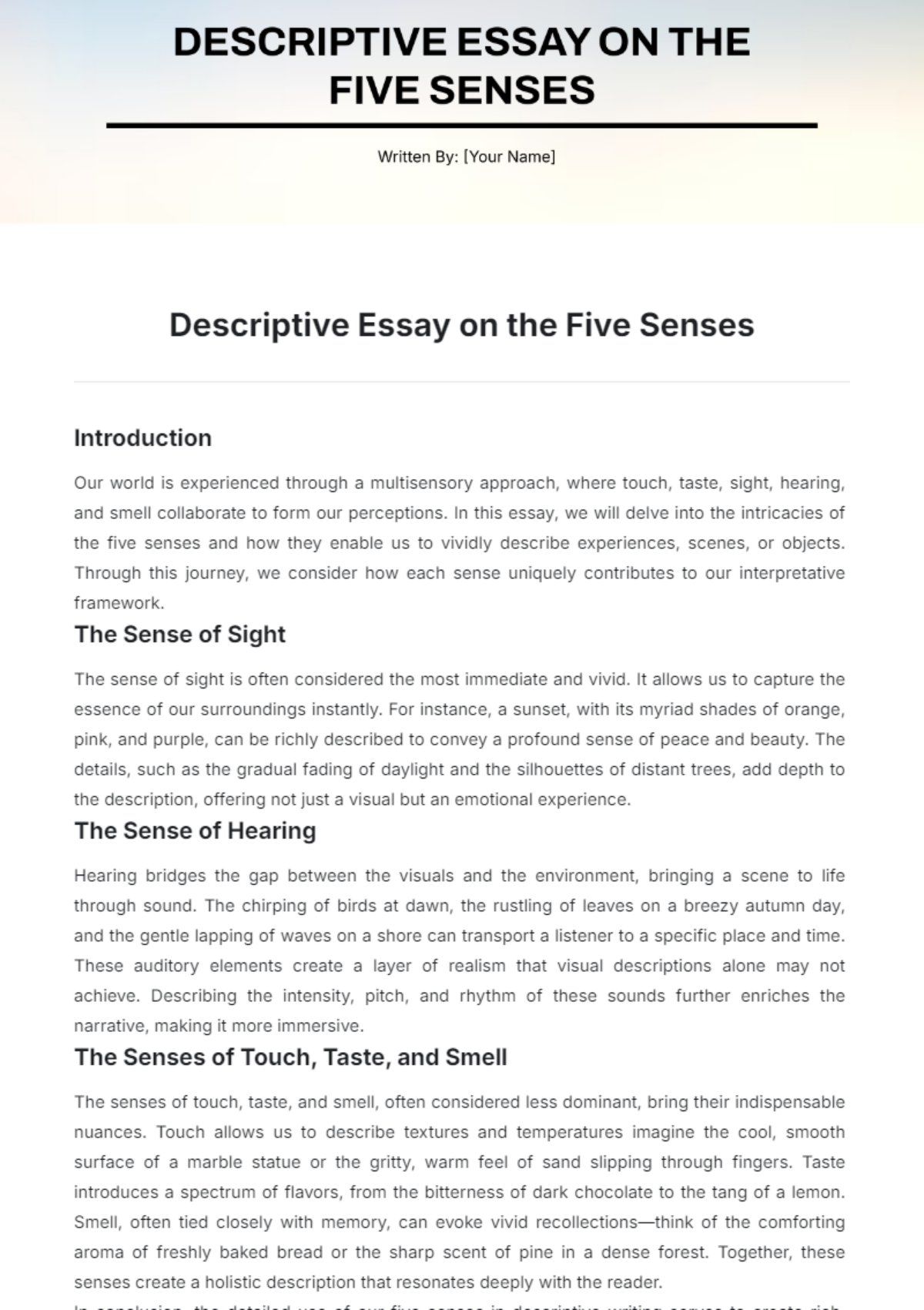 Descriptive Essay on the Five Senses Template - Edit Online & Download