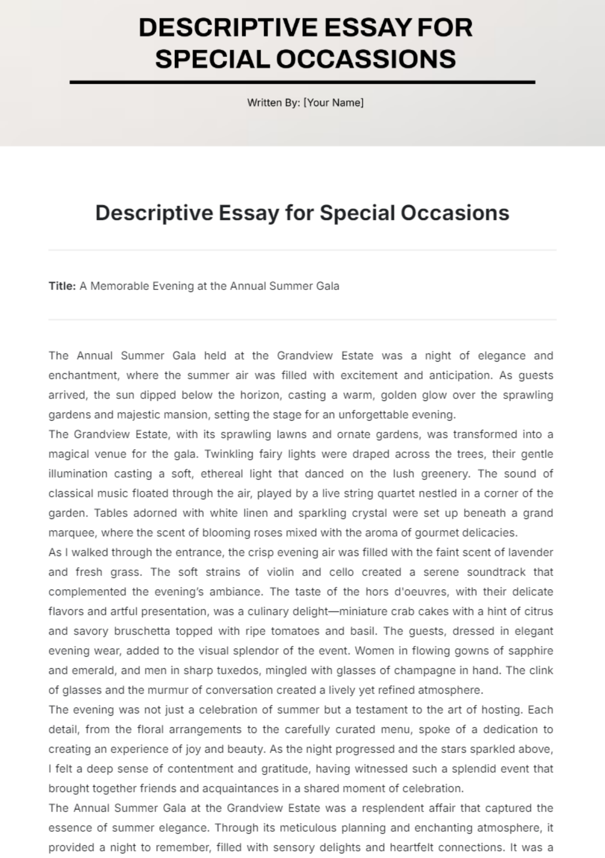 Descriptive Essay for Special Occasions Template - Edit Online & Download