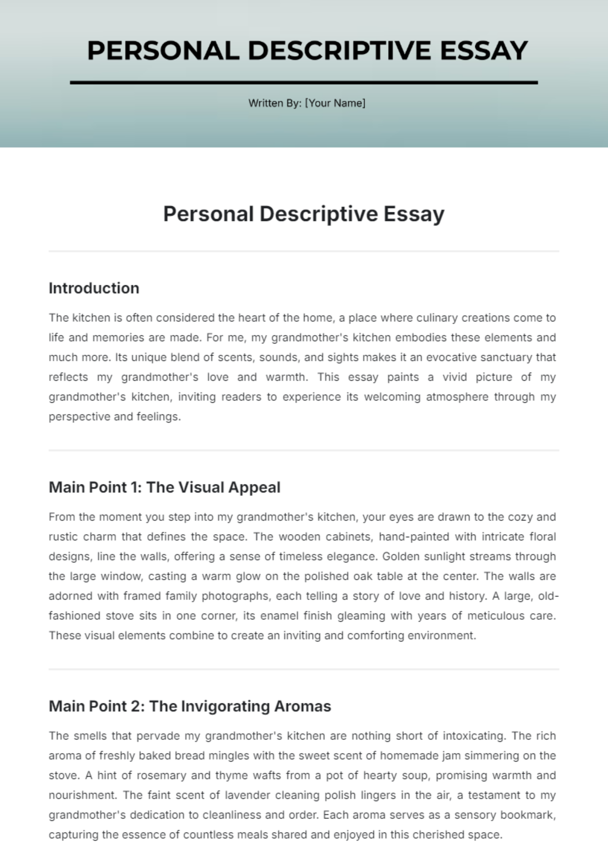 Personal Descriptive Essay Template - Edit Online & Download