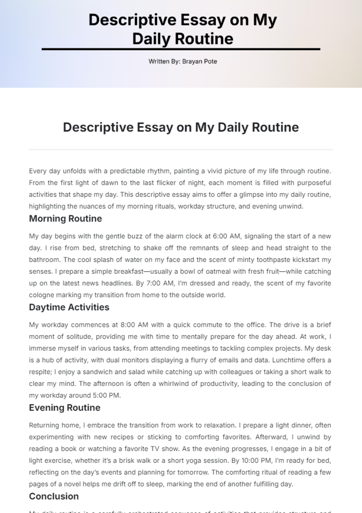 Descriptive Essay on My Daily Routine Template - Edit Online & Download