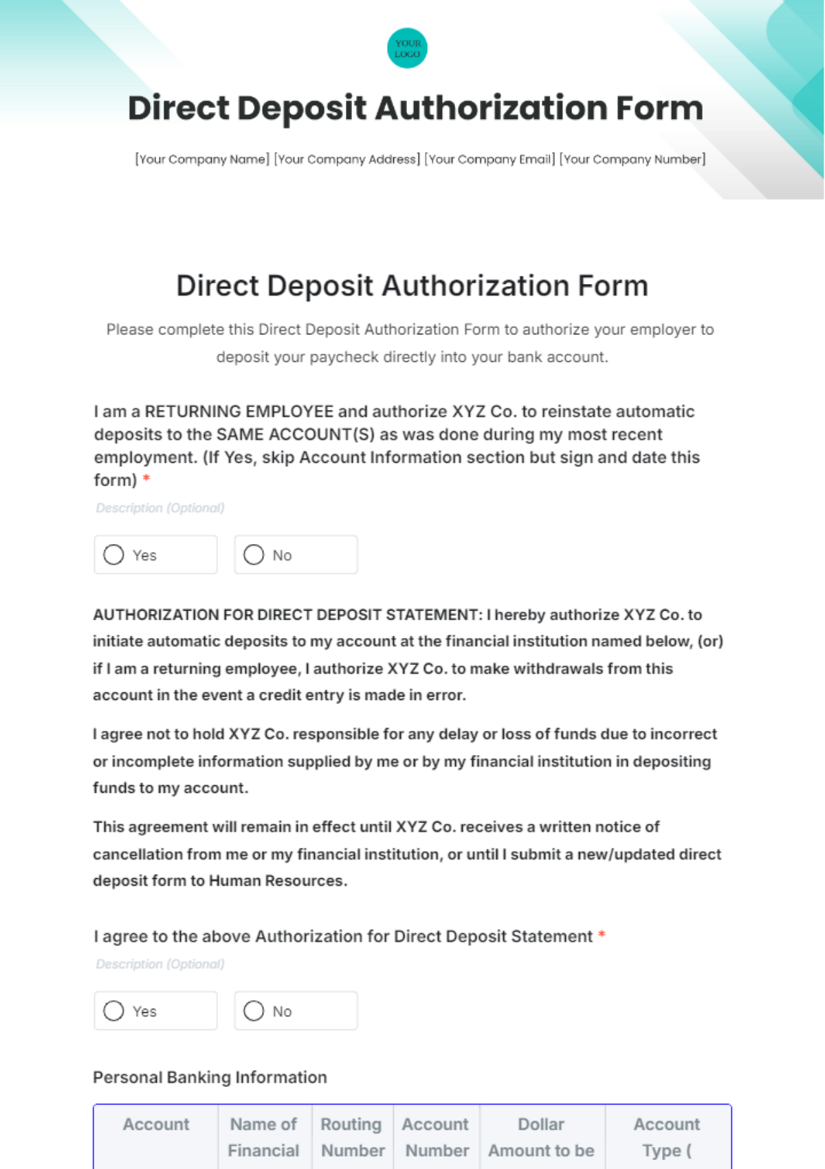 Free Direct Deposit Authorization Form Template