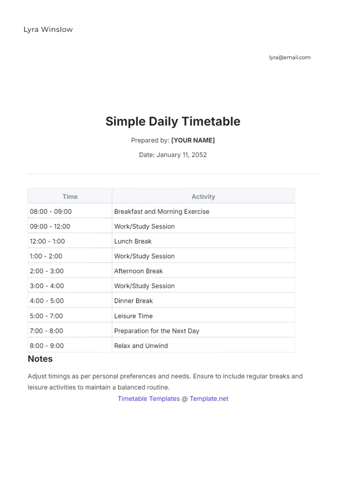 Simple Daily Timetable Template