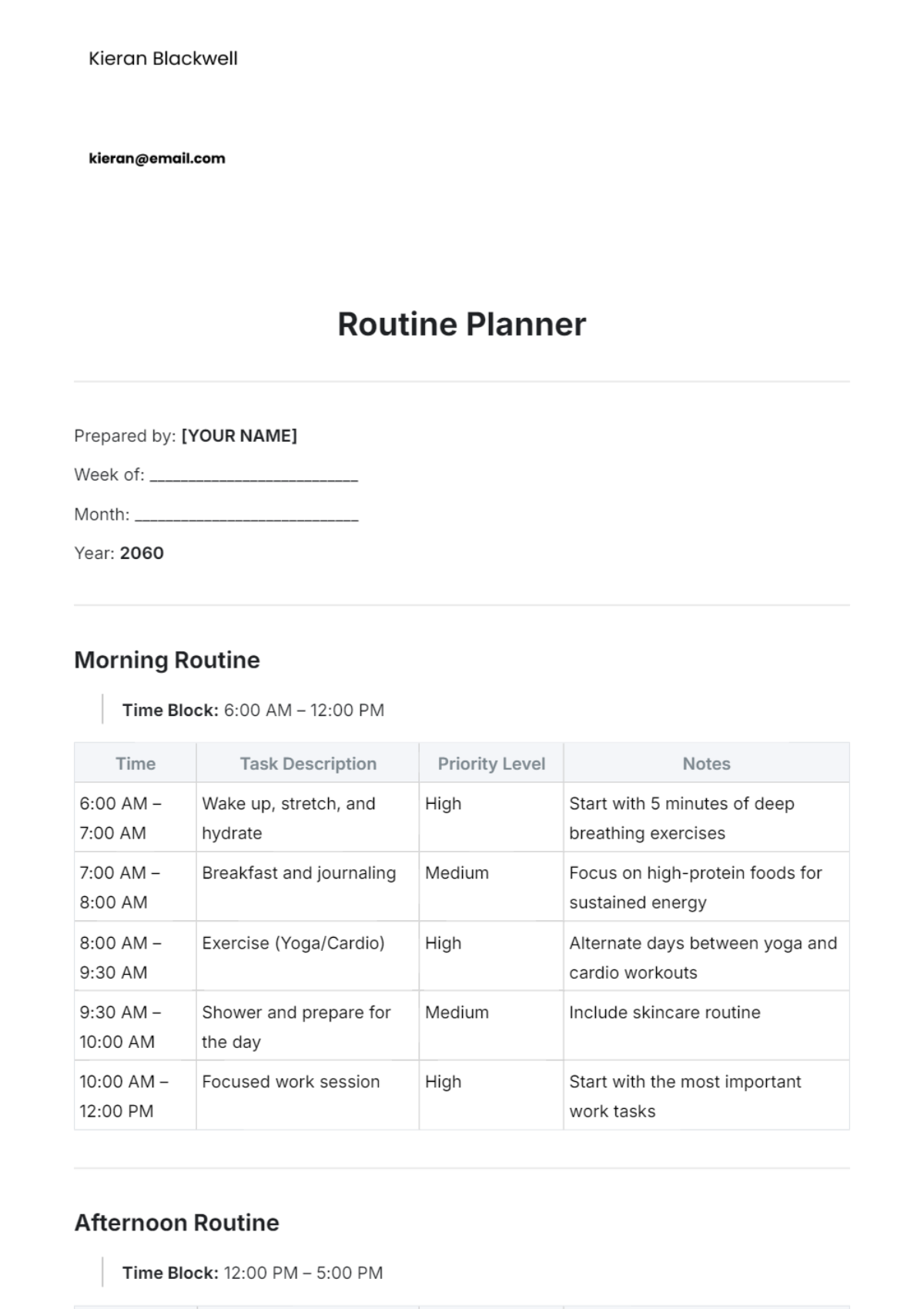 Routine Planner Template