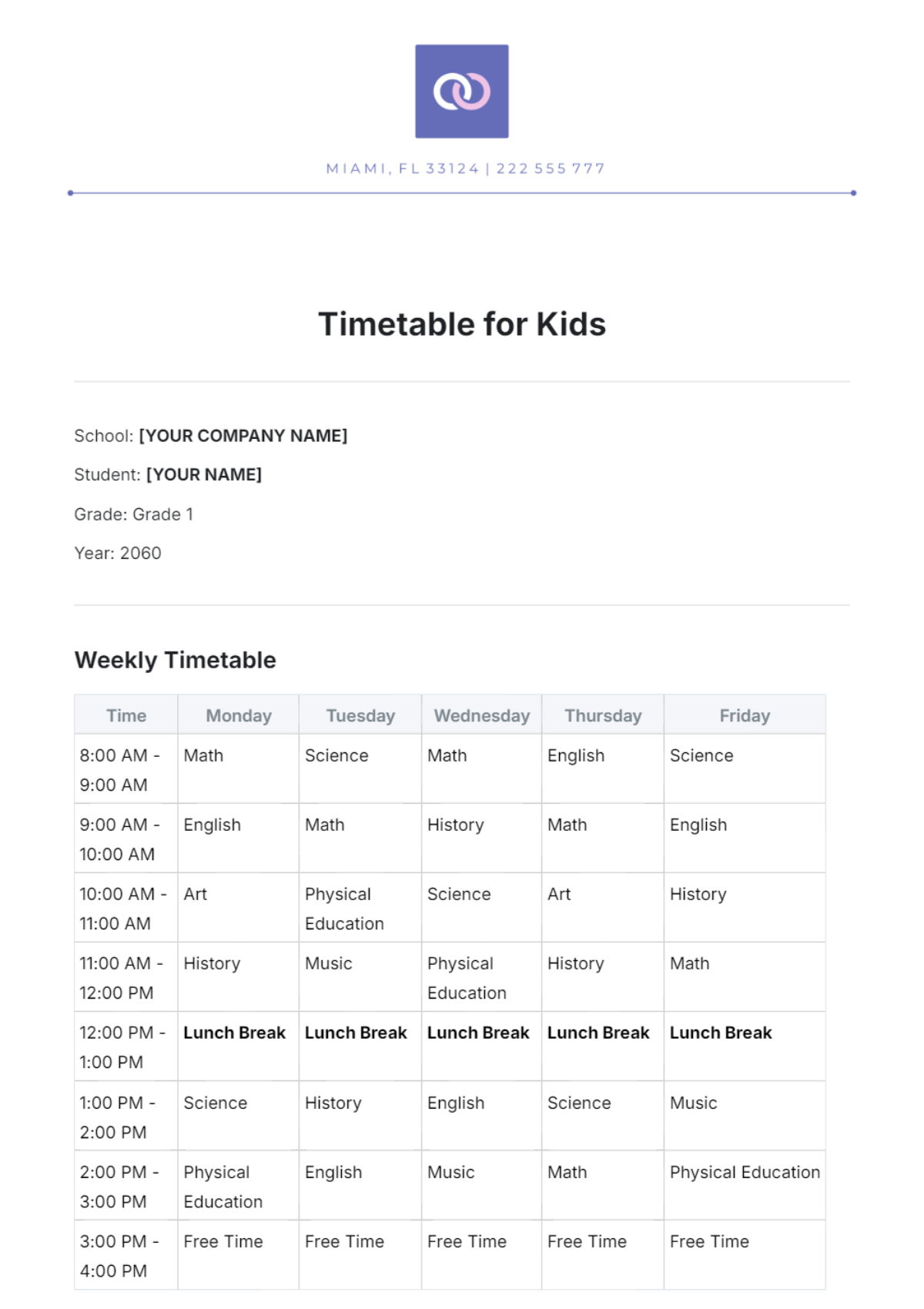 Timetable for Kids Template