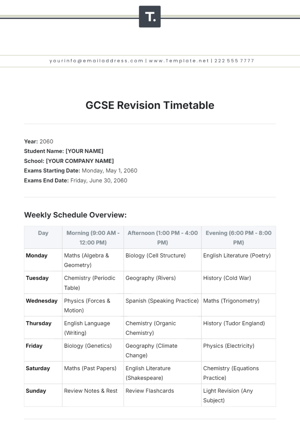 GCSE Revision Timetable Template