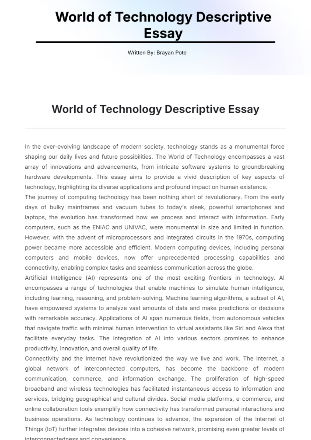 World of Technology Descriptive Essay Template - Edit Online & Download