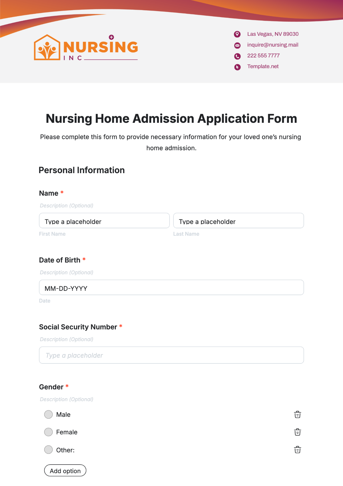 Nursing Home Admission Application Form Template - Edit Online & Download