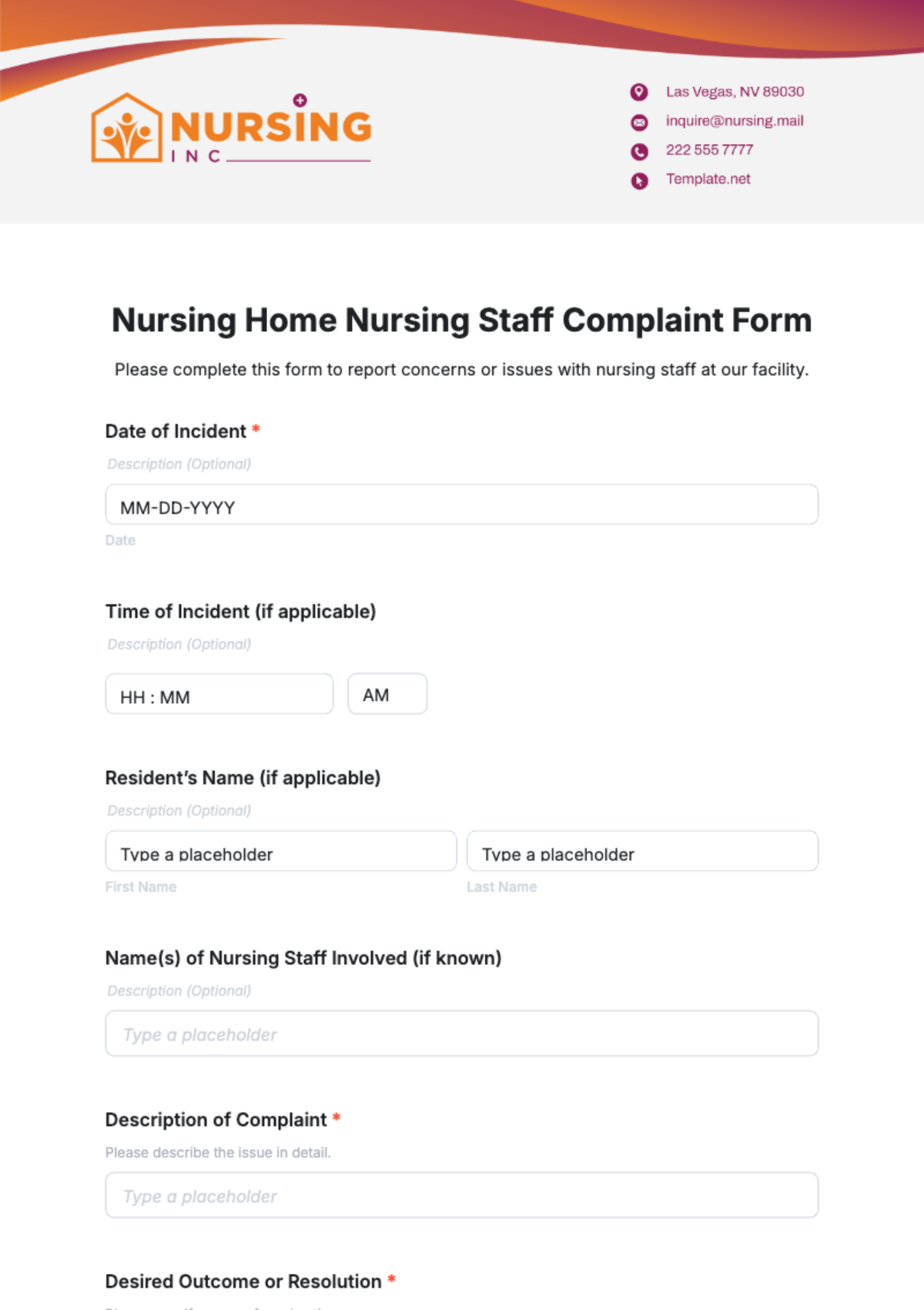 Nursing Home Nursing Staff Complaint Form Template