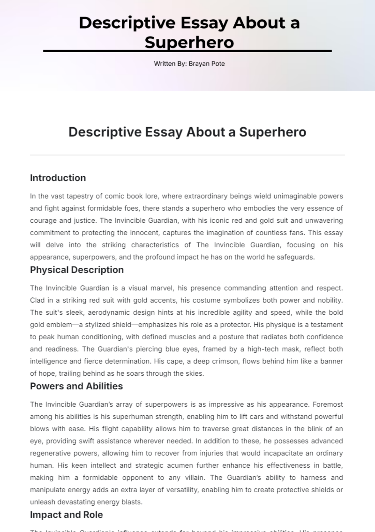 Descriptive Essay About a Superhero Template - Edit Online & Download