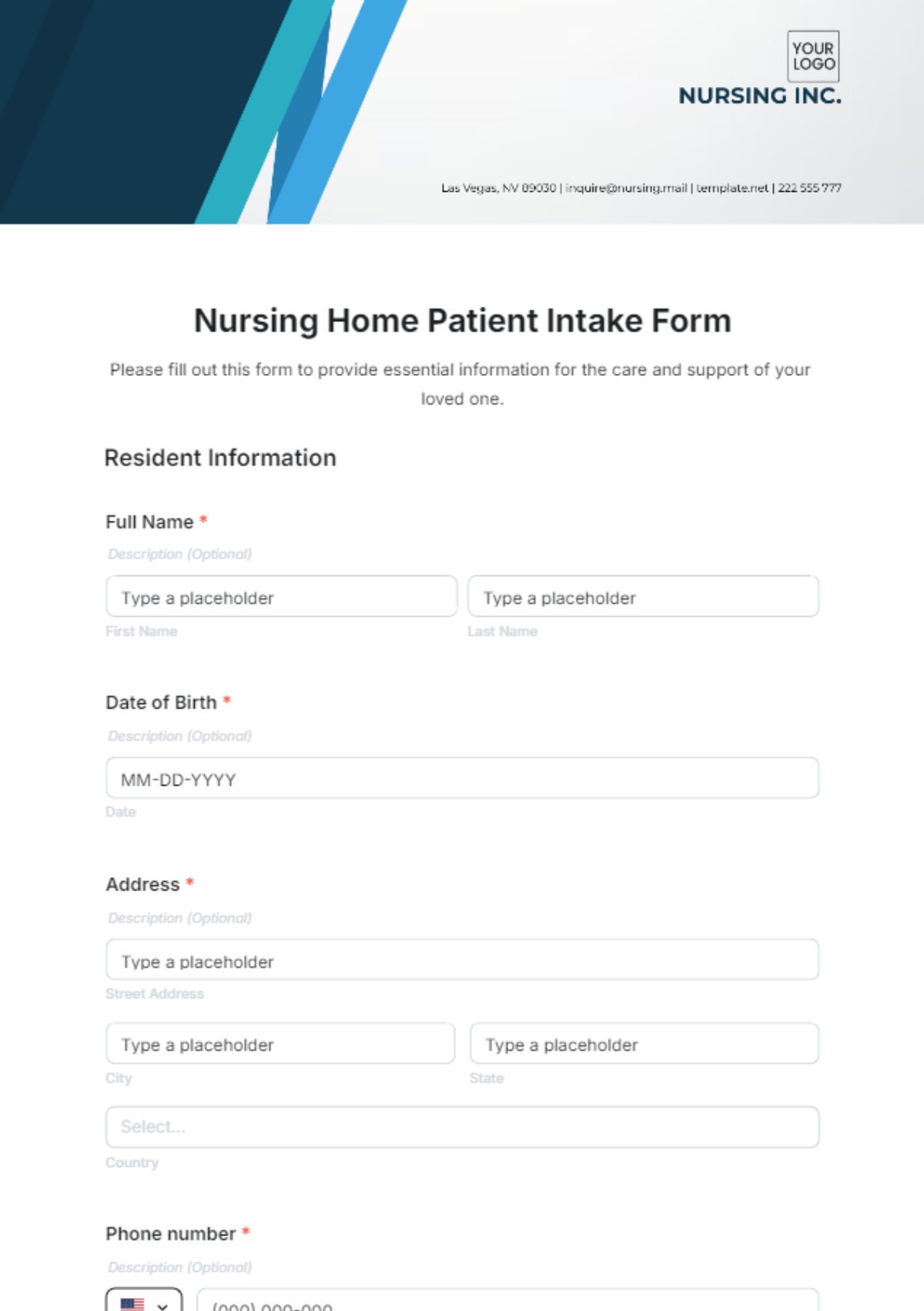 Nursing Home Patient Intake Form Template - Edit Online & Download