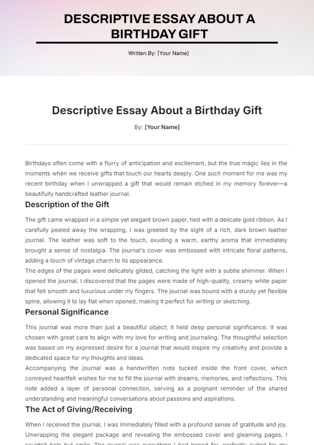 Descriptive Essay about  Birthday Gift Template - Edit Online & Download