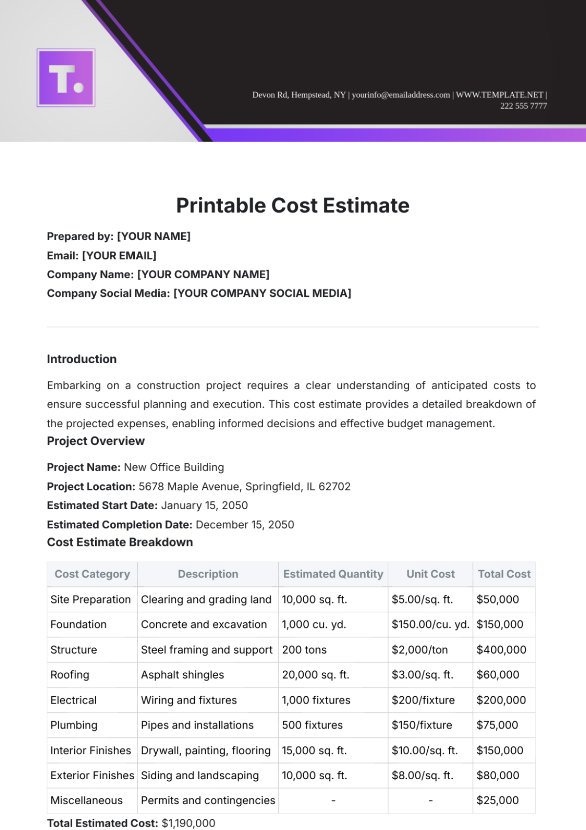 Printable Cost Estimate Template - Edit Online & Download