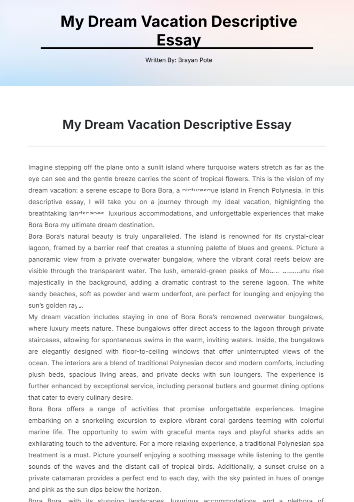 My Dream Vacation Descriptive Essay Template - Edit Online & Download