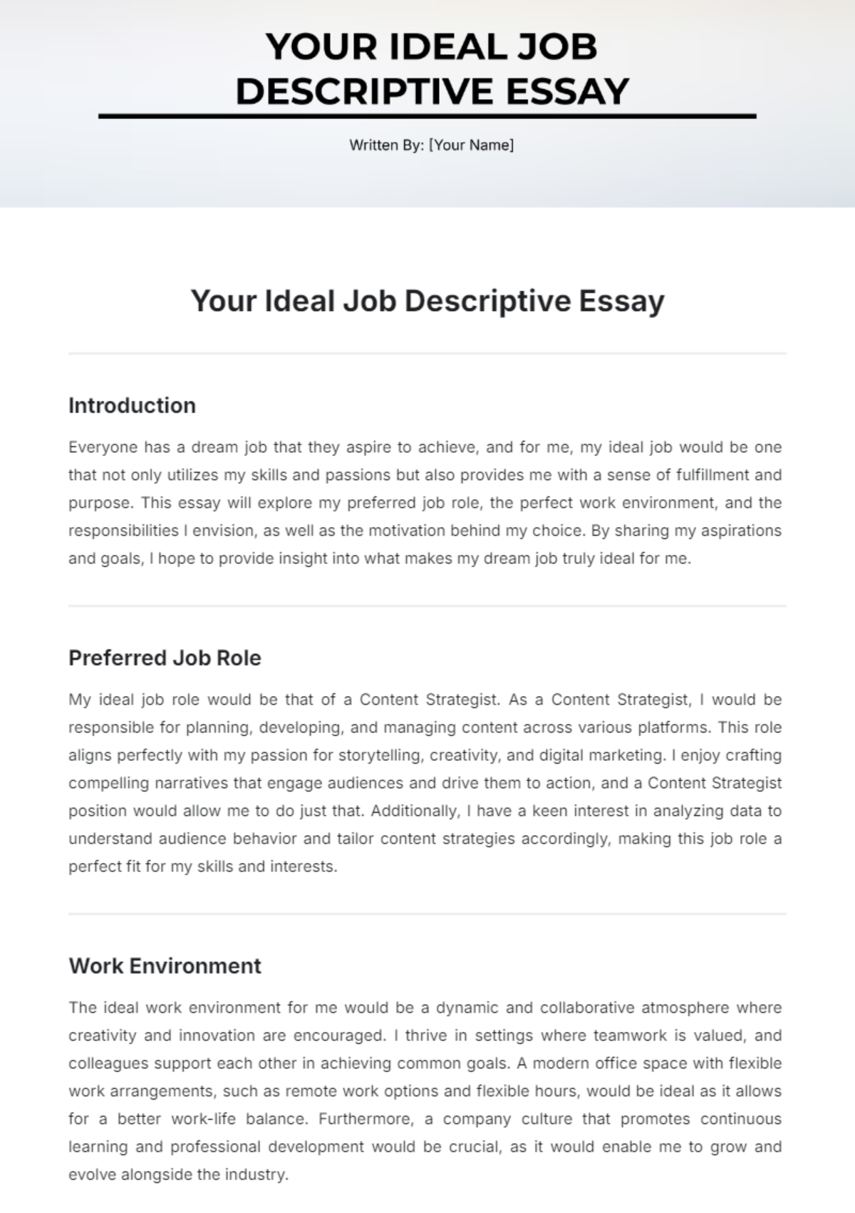 Your Ideal Job Descriptive Essay Template - Edit Online & Download