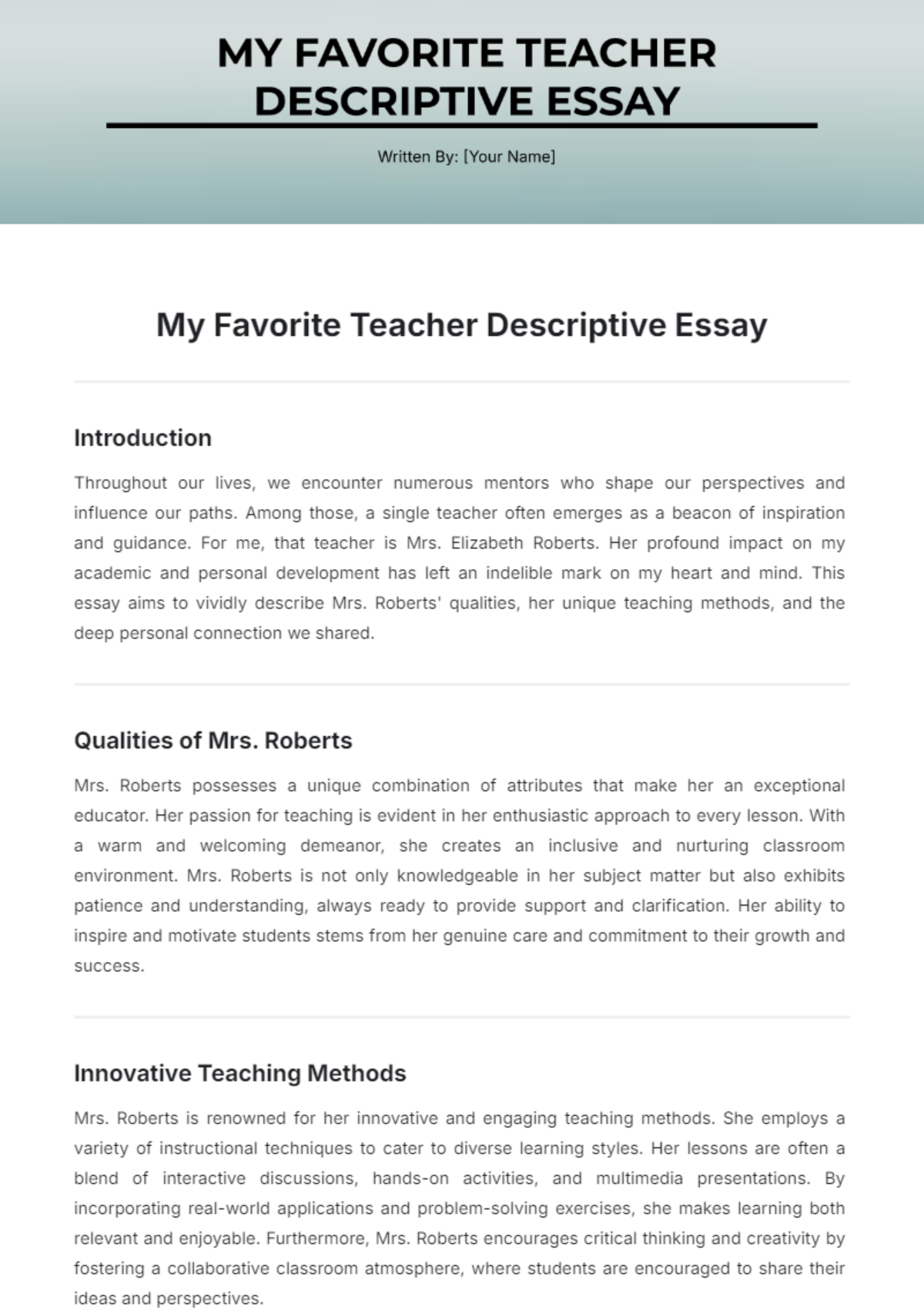 My Favorite Teacher Descriptive Essay Template - Edit Online & Download