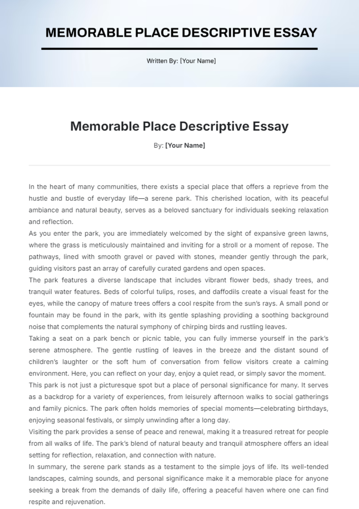 Free Memorable Place Descriptive Essay Template - Edit Online ...