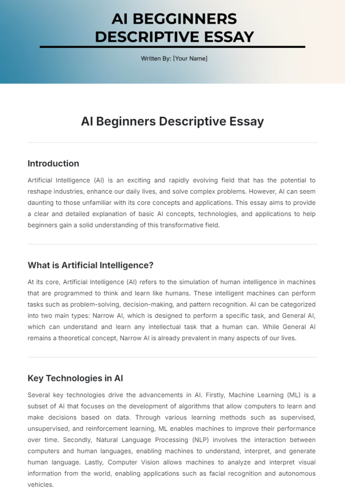 AI Beginners Descriptive Essay Template - Edit Online & Download