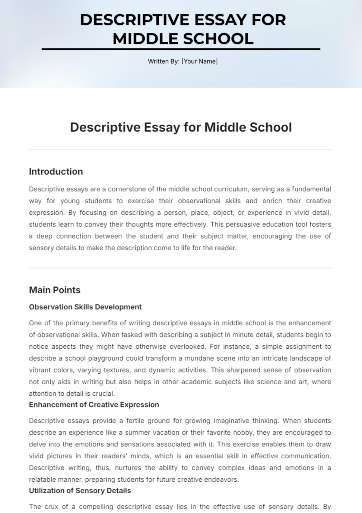 Descriptive Essay for Middle School Template - Edit Online & Download