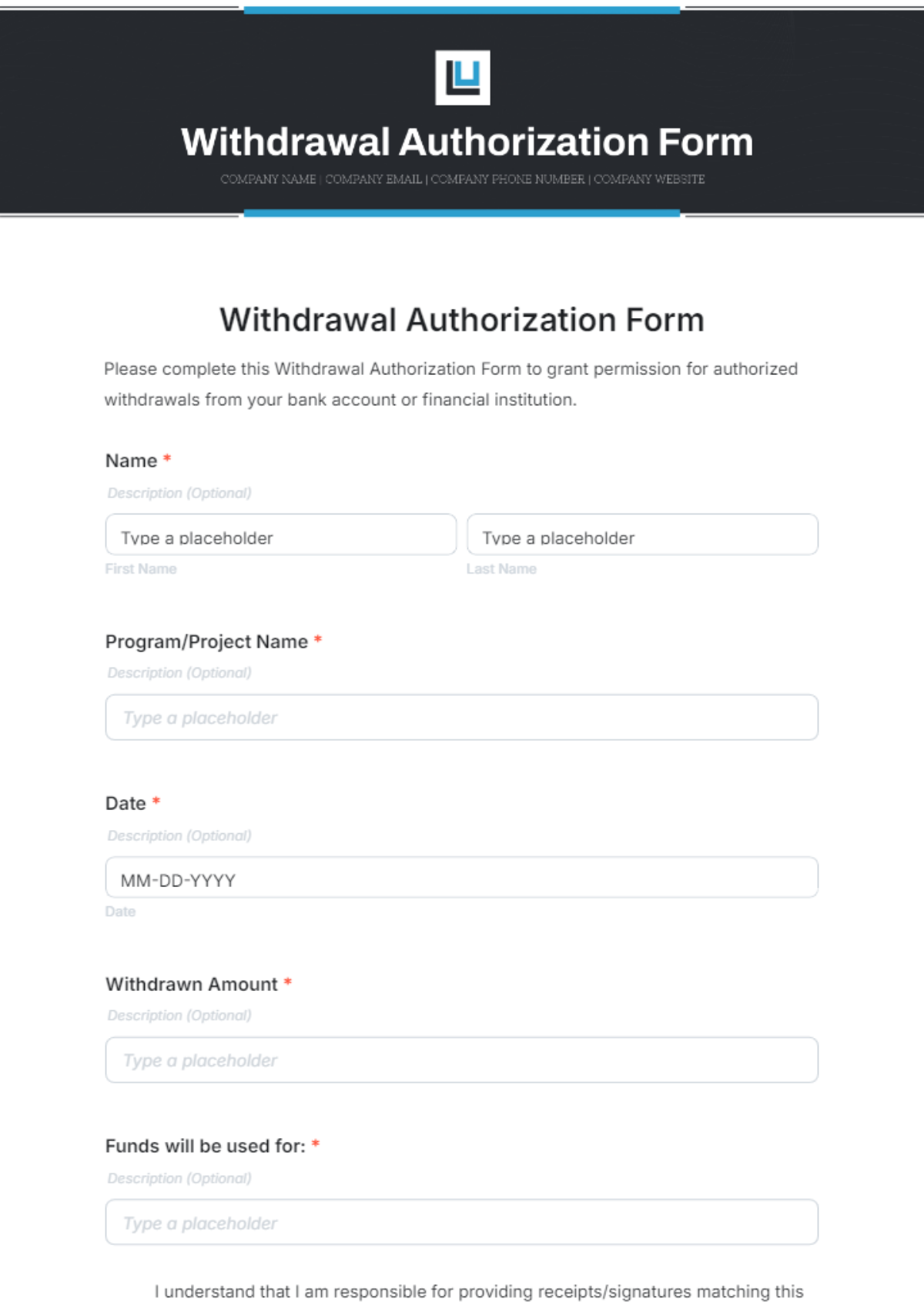 Free Withdrawal Authorization Form Template