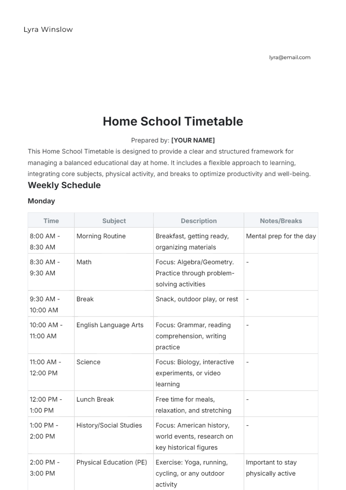 Home School Timetable Template