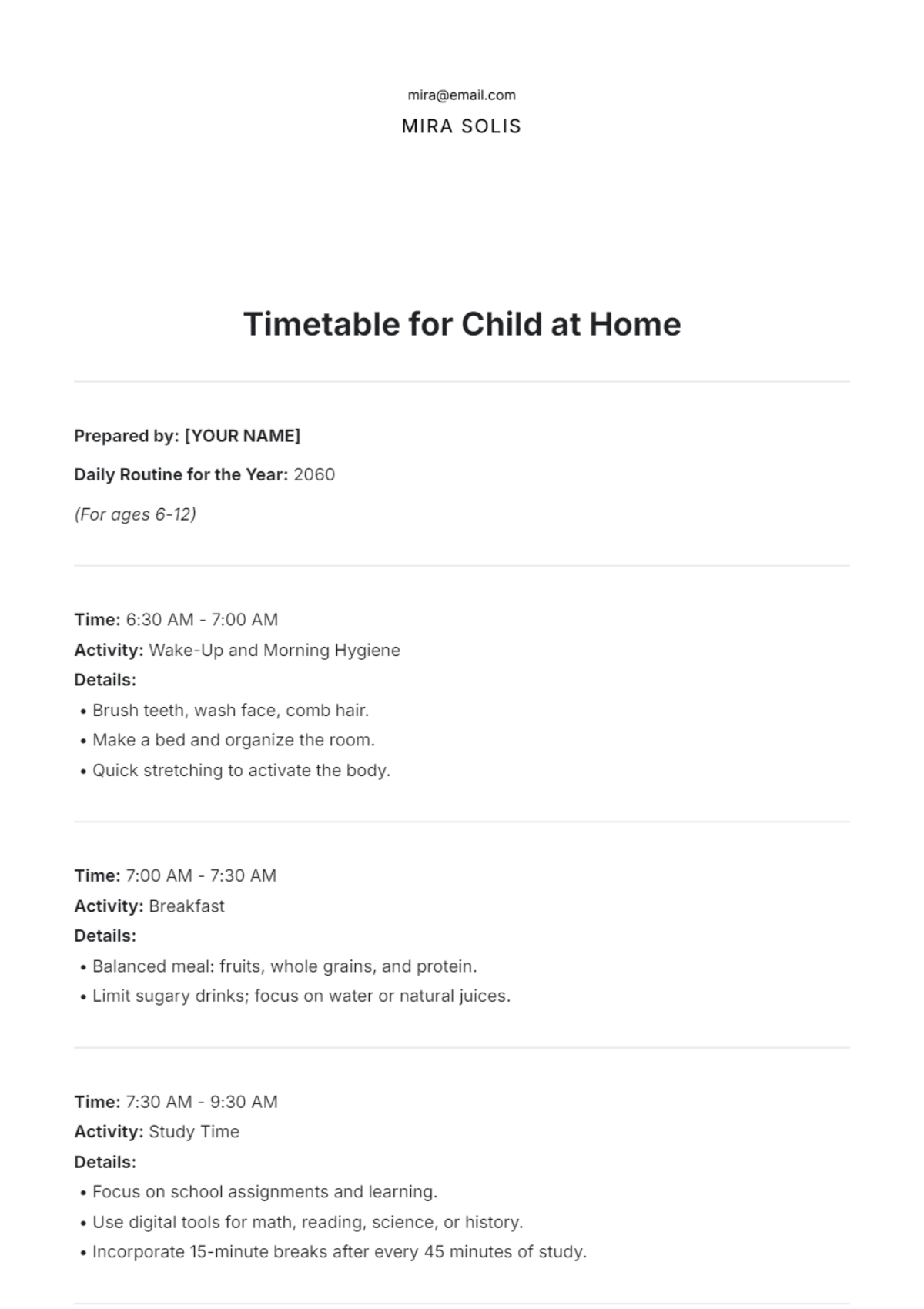 Timetable for Child at Home Template