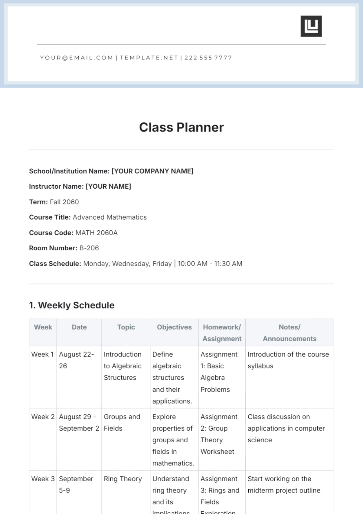 Class Planner Template