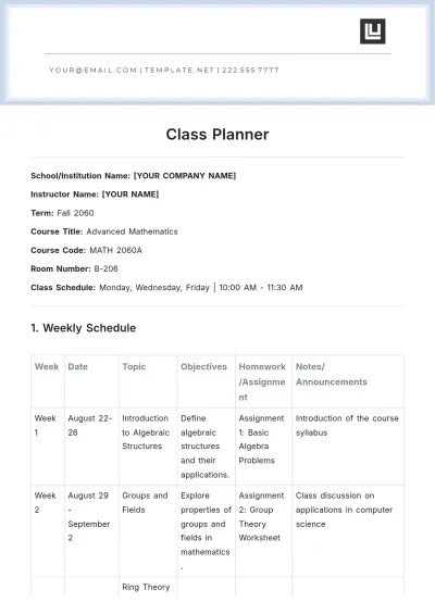 Free Class Planner Template to Edit Online