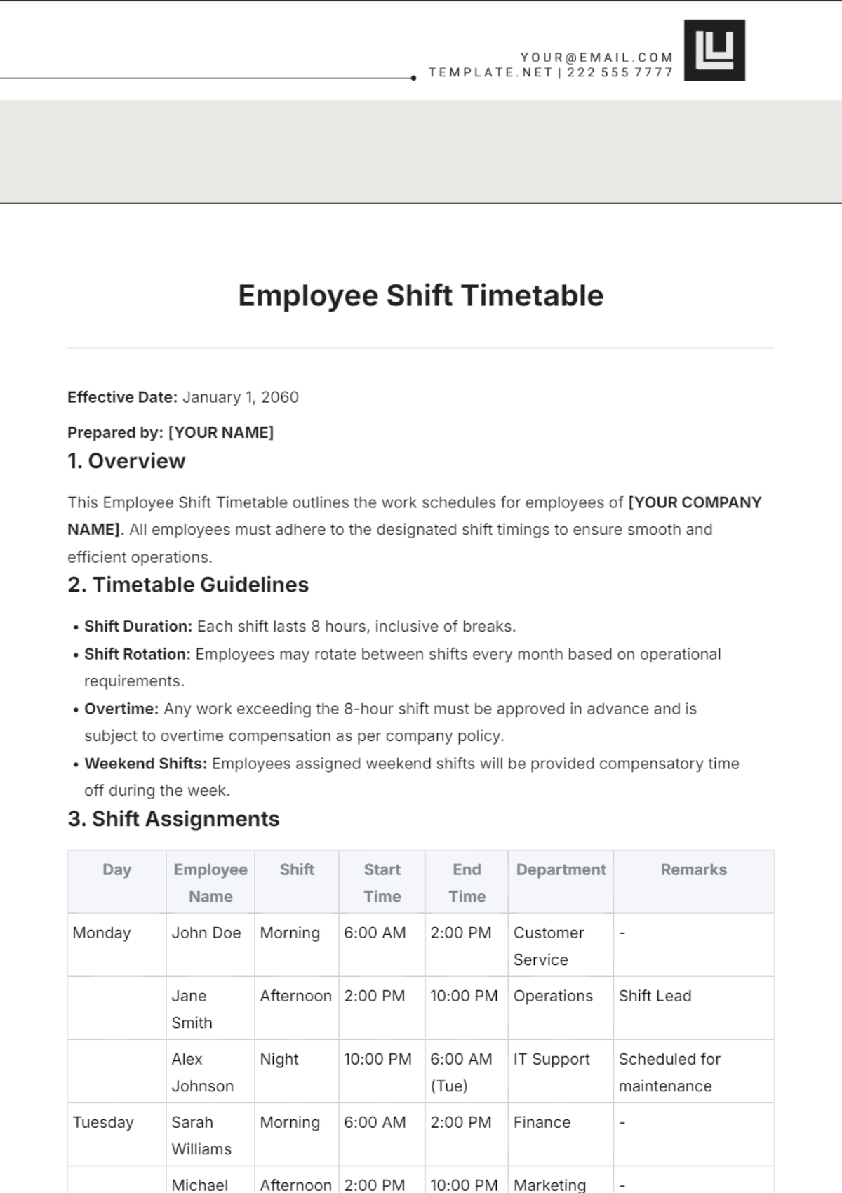 Employee Shift Timetable Template