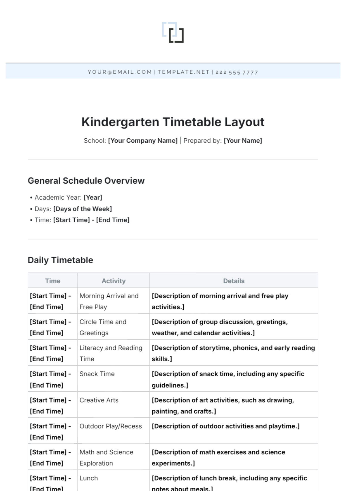 Kindergarten Timetable Layout Template