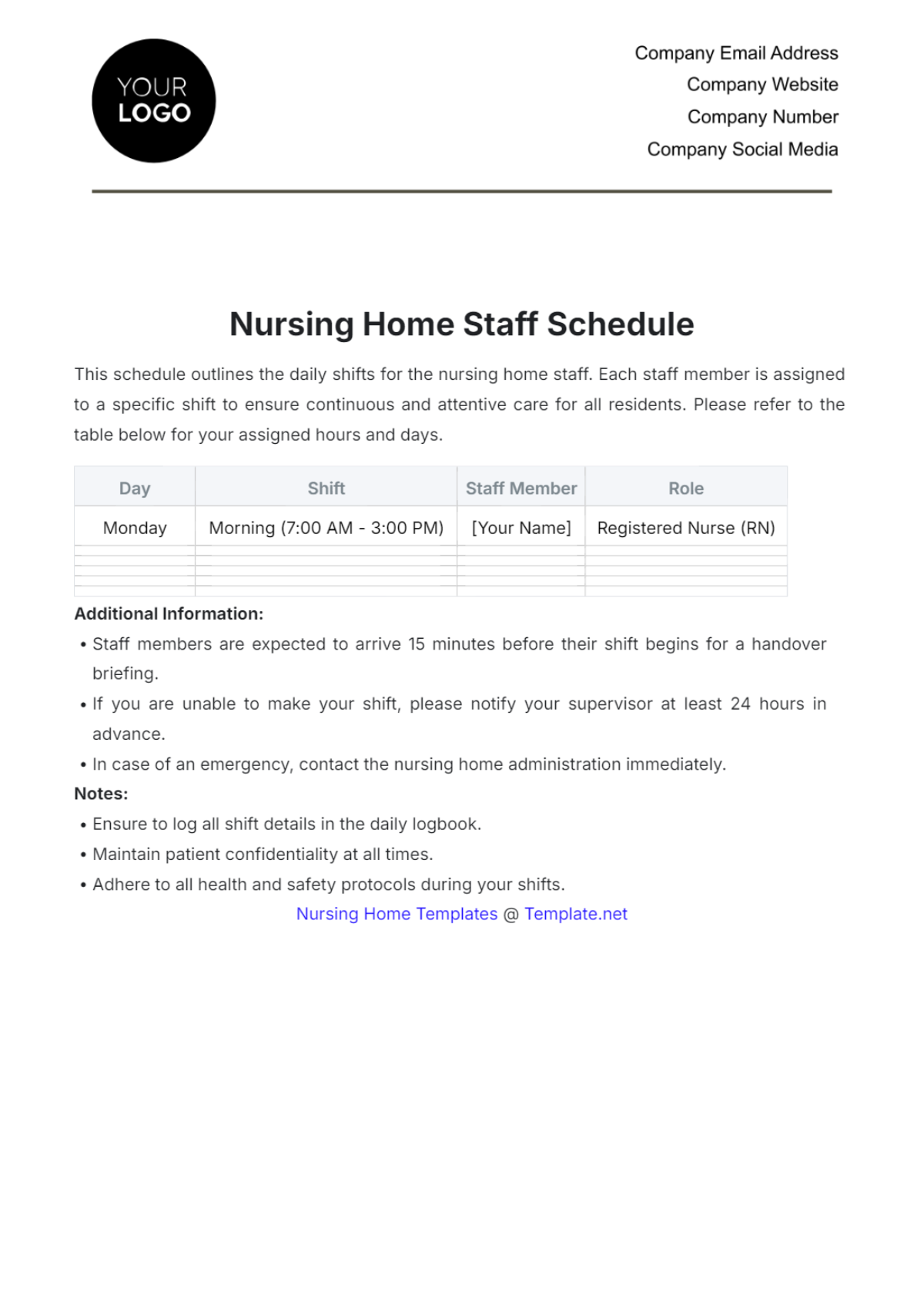 Nursing Home Staff Schedule Template