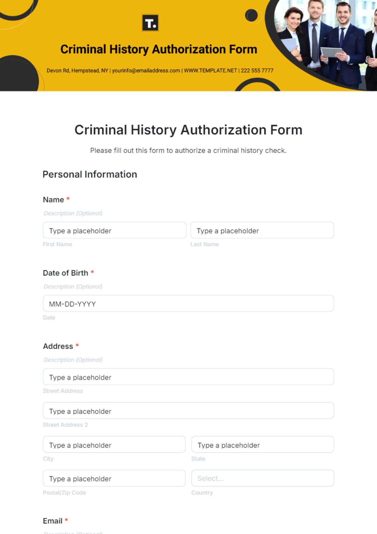 Free Criminal History Authorization Form Template